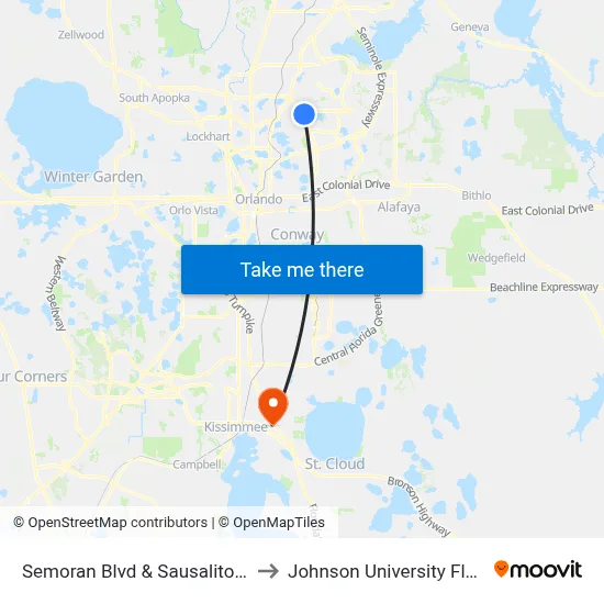 Semoran Blvd & Sausalito Blvd to Johnson University Florida map