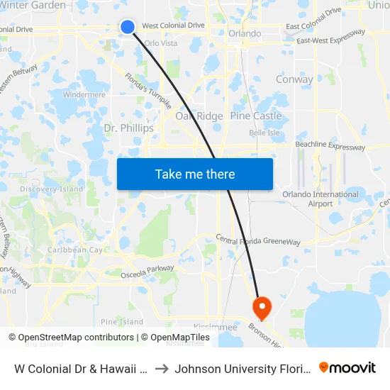 W Colonial Dr & Hawaii Ln to Johnson University Florida map