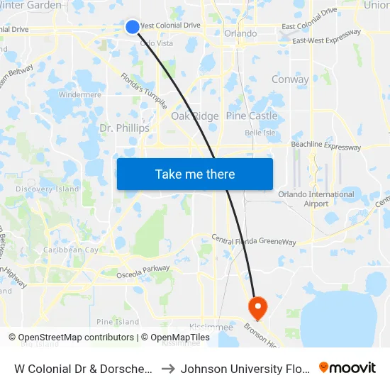 W Colonial Dr & Dorscher Rd to Johnson University Florida map