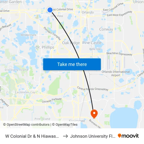 W Colonial Dr & N Hiawassee Rd to Johnson University Florida map
