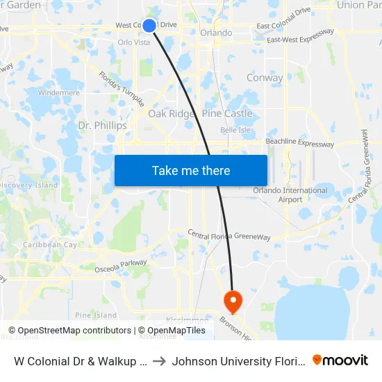 W Colonial Dr & Walkup Dr to Johnson University Florida map