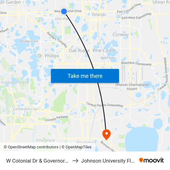 W Colonial Dr & Governors Ave to Johnson University Florida map