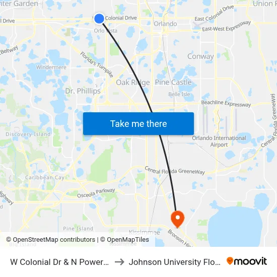 W Colonial Dr & N Powers Dr to Johnson University Florida map