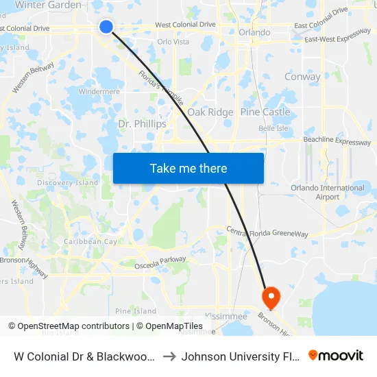 W Colonial Dr & Blackwood Ave to Johnson University Florida map