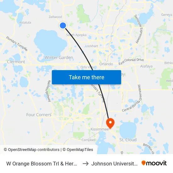 W Orange Blossom Trl & Hermit Smith Rd to Johnson University Florida map