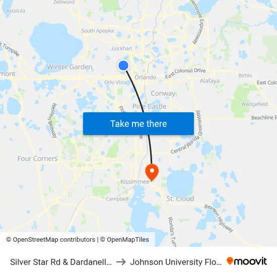 Silver Star Rd & Dardanelle Dr to Johnson University Florida map