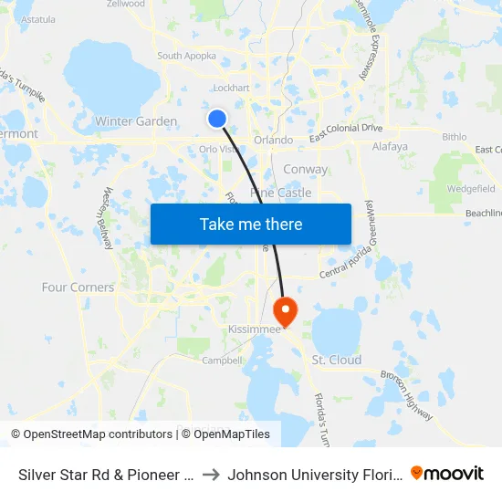 Silver Star Rd & Pioneer Rd to Johnson University Florida map