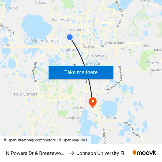N Powers Dr & Breezewood St to Johnson University Florida map