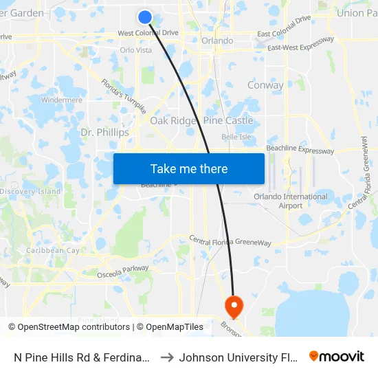 N Pine Hills Rd & Ferdinand Dr to Johnson University Florida map