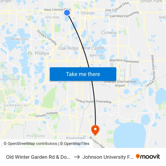 Old Winter Garden Rd & Dobson St to Johnson University Florida map