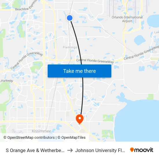 S Orange Ave & Wetherbee Rd to Johnson University Florida map