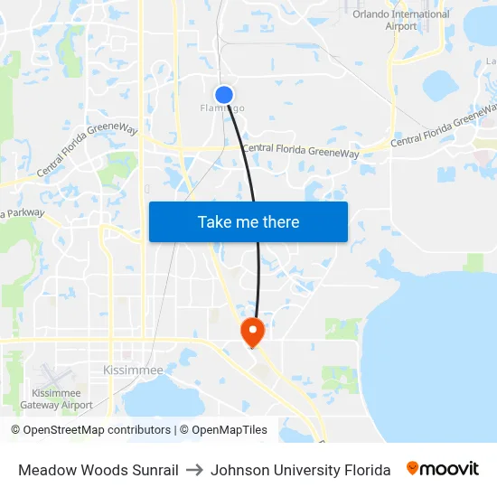 Meadow Woods Sunrail to Johnson University Florida map