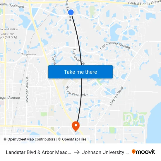 Landstar Blvd & Arbor Meadows Blvd to Johnson University Florida map