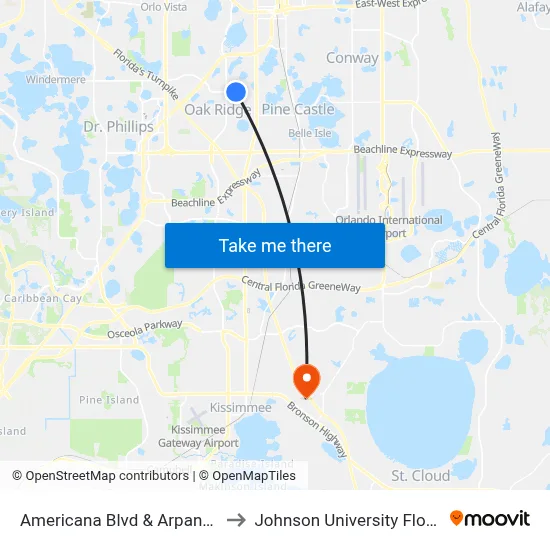 Americana Blvd & Arpana Dr to Johnson University Florida map