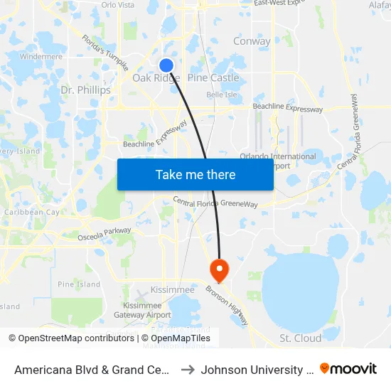 Americana Blvd & Grand Central Pkwy to Johnson University Florida map