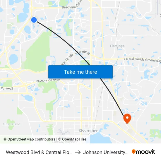 Westwood Blvd & Central Florida Pkwy to Johnson University Florida map