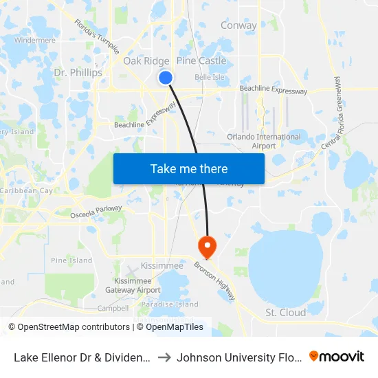 Lake Ellenor Dr & Dividend Dr to Johnson University Florida map