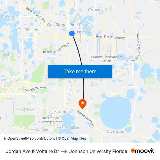 Jordan Ave & Voltaire Dr to Johnson University Florida map