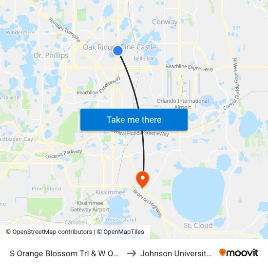 S Orange Blossom Trl & W Oak Ridge Rd to Johnson University Florida map