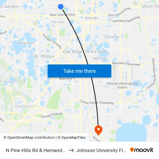 N Pine Hills Rd & Hernandes Dr to Johnson University Florida map
