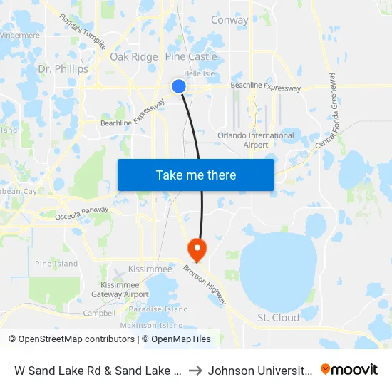 W Sand Lake Rd & Sand Lake Pointe Loop to Johnson University Florida map