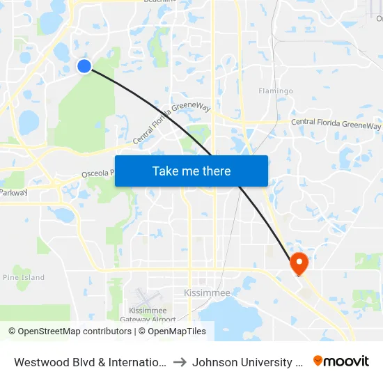 Westwood Blvd & International Dr S to Johnson University Florida map