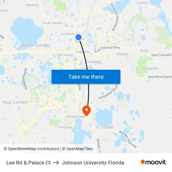 Lee Rd & Palace Ct to Johnson University Florida map