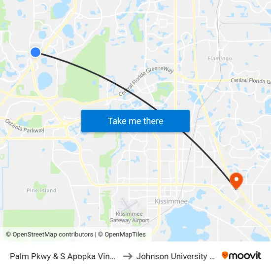 Palm Pkwy & S Apopka Vineland Rd to Johnson University Florida map