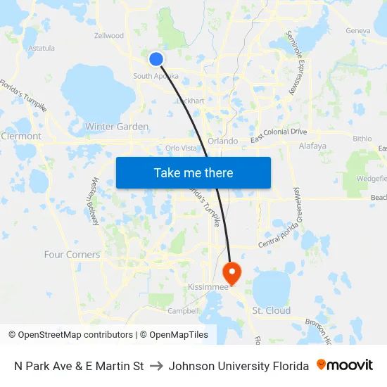 N Park Ave & E Martin St to Johnson University Florida map