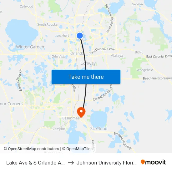 Lake Ave & S Orlando Ave to Johnson University Florida map
