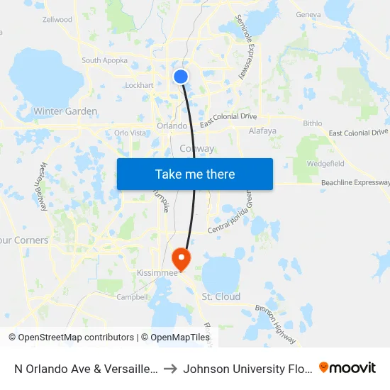 N Orlando Ave & Versailles Dr to Johnson University Florida map