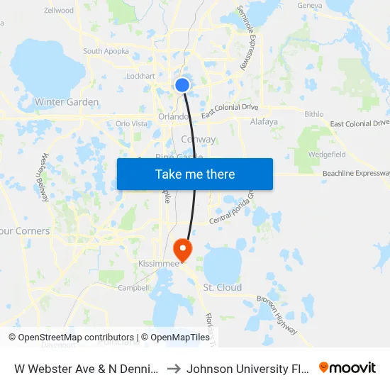 W Webster Ave & N Denning Dr to Johnson University Florida map