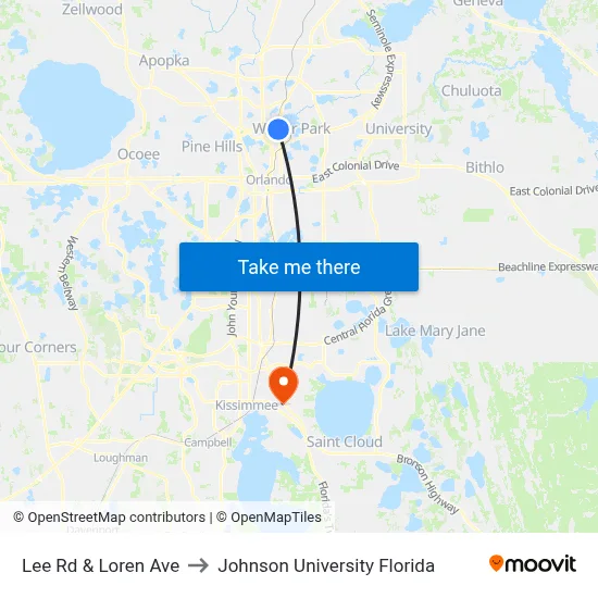 Lee Rd & Loren Ave to Johnson University Florida map