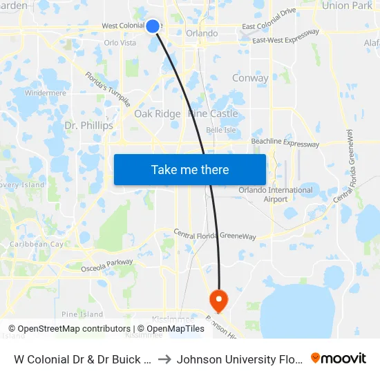 W Colonial Dr & Dr Buick Ave to Johnson University Florida map