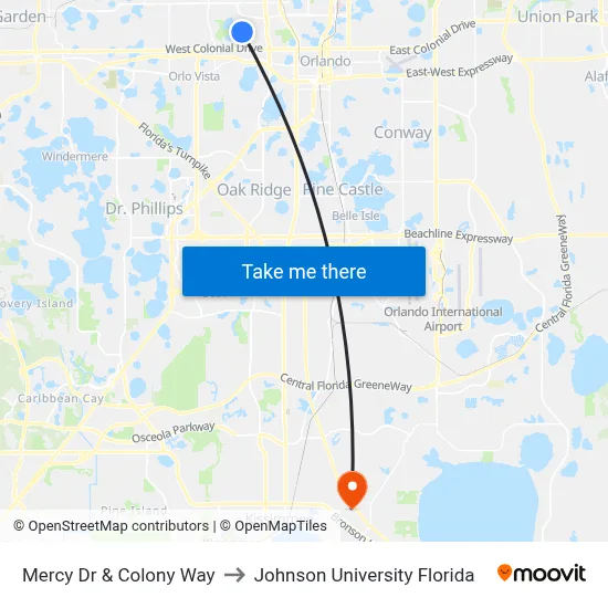 Mercy Dr & Colony Way to Johnson University Florida map