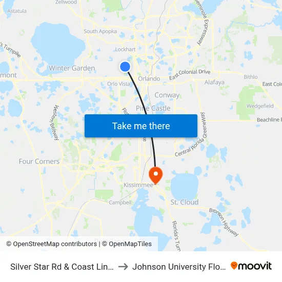 Silver Star Rd & Coast Line Dr to Johnson University Florida map