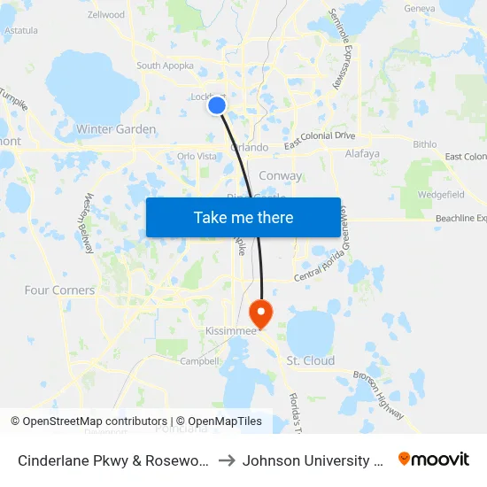 Cinderlane Pkwy & Rosewood Way to Johnson University Florida map