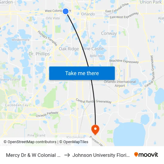 Mercy Dr & W Colonial Dr to Johnson University Florida map