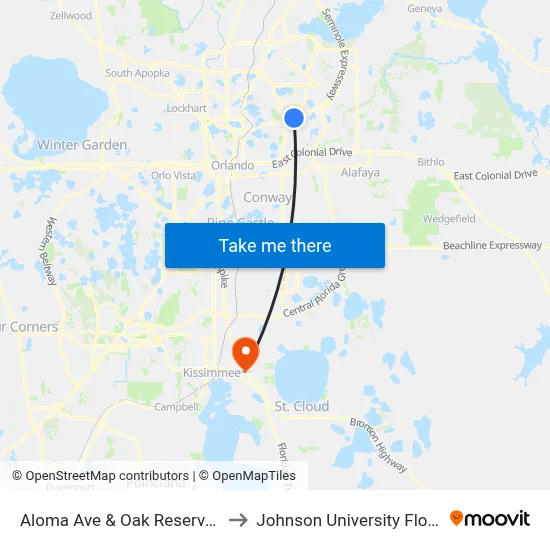 Aloma Ave & Oak Reserve Ln to Johnson University Florida map