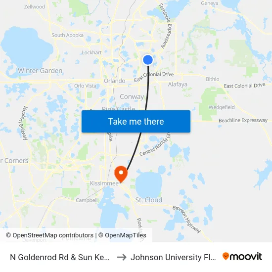 N Goldenrod Rd & Sun Key Blvd to Johnson University Florida map