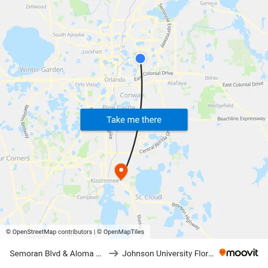 Semoran Blvd & Aloma Ave to Johnson University Florida map