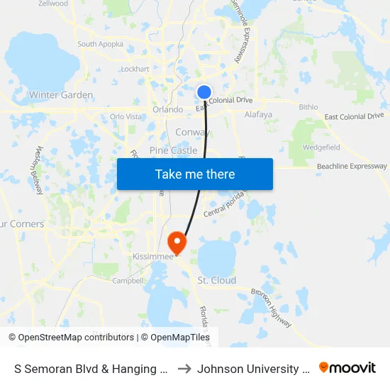 S Semoran Blvd & Hanging Moss Rd to Johnson University Florida map