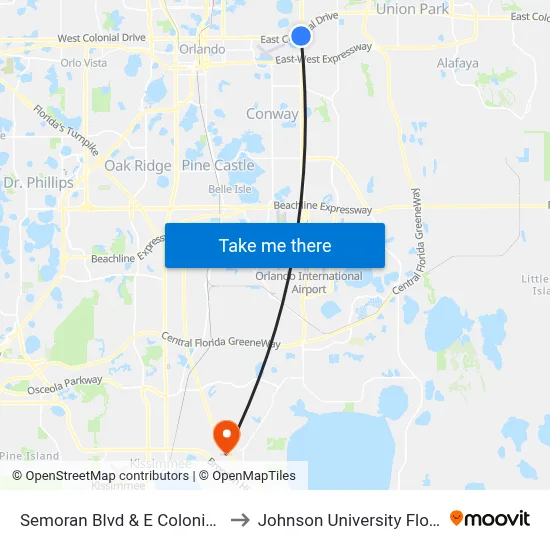 Semoran Blvd & E Colonial Dr to Johnson University Florida map