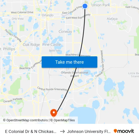 E Colonial Dr & N Chickasaw Trl to Johnson University Florida map
