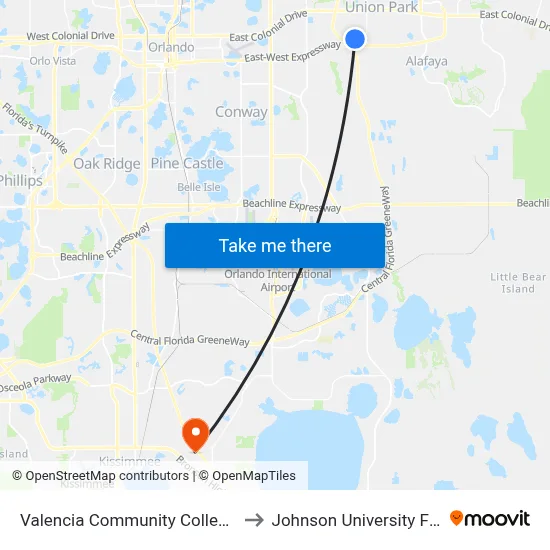Valencia Community College East to Johnson University Florida map