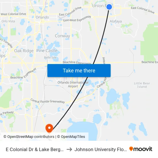 E Colonial Dr & Lake Berge Rd to Johnson University Florida map