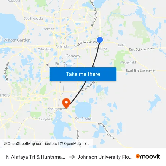 N Alafaya Trl & Huntsman Ln to Johnson University Florida map