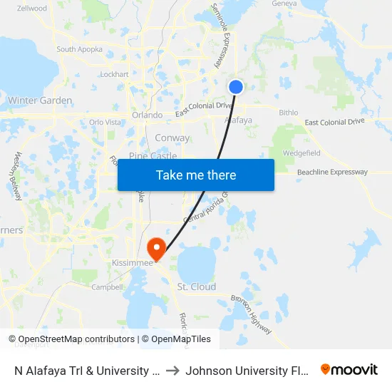 N Alafaya Trl & University Blvd to Johnson University Florida map