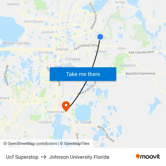 Ucf Superstop to Johnson University Florida map