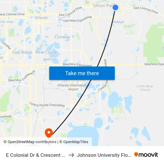 E Colonial Dr & Crescent Blvd to Johnson University Florida map